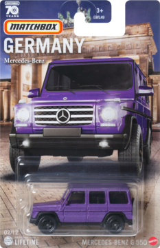 Front view of a purple Matchbox Mercedes-Benz G 550 die-cast toy car in its blister pack, Germany series.