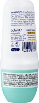 Tył białej tuby dezodorantu roll-on ISANA Sensitive z aloesem 50ml, widoczne składniki, kod kreskowy.