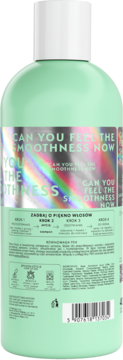 Tył miętowej butelki szamponu so!flow z wegańską keratyną, holograficzny napis "SMOOTHNESS NOW".