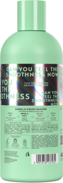 Tył zielonego szamponu so!flow wygładzającego włosy, z hasłem 'SMOOTHNESS NOW' i wegańską keratyną.