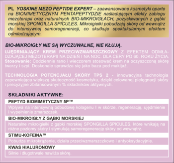 Informacje o kremie YOSKINE MEZO PEPTIDE EXPERT 60+ z peptydami i bio-mikroigłami, na różowej kartce.