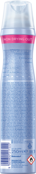 Tył lakieru NIVEA Diamond Volume Care 250ml, niebieska butelka z różowym napisem 'NON DRYING OUT' i kodem.