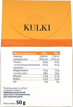 Tył opakowania kulek daktylowych z pomarańczą i imbirem, szczegółowa tabela wartości odżywczych, 50g.