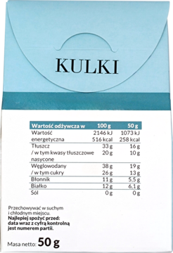 Tył jasnoniebieskiego opakowania KULKI, datylowe kulki z chia, z tabelą wartości odżywczych.