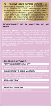 Różowy tył opakowania serum YOSKINE MEZO PEPTIDE EXPERT, szczegóły o mezo-liftingu i składnikach aktywnych.