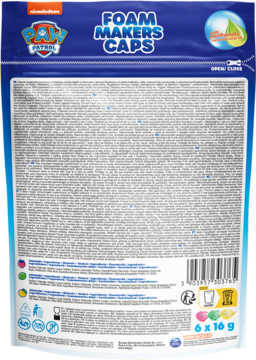 Tył niebieskiej torebki z kapsułkami do kąpieli Paw Patrol Foam Makers Caps, widoczne napisy i barcode.