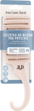 Różowa szczotka Jean Louis David do włosów pod prysznic, z ergonomicznym uchwytem i haczykiem, widok z przodu.