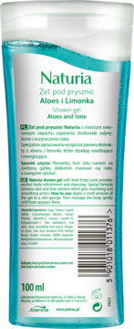 Tył przezroczystej butelki żelu pod prysznic Naturia Aloes i Limonka z błękitnym żelem i listą składników.