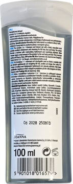 Tył przezroczystej butelki Joanna 3w1 szamponu i żelu pod prysznic dla mężczyzn 100ml, z listą składników i datą ważności.