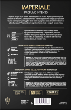 Tył czarnego opakowania zestawu Imperiale Profumo Intenso. Widoczne informacje o szamponie i żelu, pojemności.