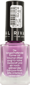 Liliowy lakier Rival de Loop Gloss'n Gel nr 11 w butelce, widok z przodu, z opisem żelowego wykończenia.