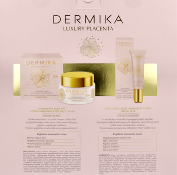 Dermika Luxury Placenta 50+ zestaw: liftingujący krem i serum pod oczy, złoto-białe opakowania, widok z przodu.