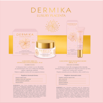Zestaw Dermika Luxury Placenta 50+: krem liftingujący i serum w złotej tubce na jasnoróżowym tle, widok z przodu.