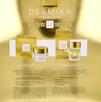 Zestaw Dermika Luxury Gold 24K Total Benefit: krem i serum w złotych opakowaniach, na lśniącym tle.