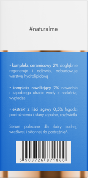 Tył niebiesko-białego opakowania serum ceramidowego #naturalme. Widoczne składniki i barcode. Dla skóry suchej.