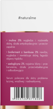 Tył różowego opakowania serum do twarzy #naturalme, z białym tekstem i listą składników: inulina, bambus, azeloglicyna.