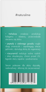 Tył opakowania peptydowego serum do twarzy, zielono-białe. Widoczne szczegóły o działaniu trehalozy, peptydów, niacynamidu i kod kreskowy.