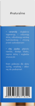 Tył niebieskiego opakowania kremu z ceramidami i jojobą #naturalme. Widoczny opis dla skóry wrażliwej i kod kreskowy.