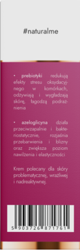Tył różowego opakowania Prebiotycznego kremu do twarzy dla cery problematycznej z opisem i kodem kreskowym.