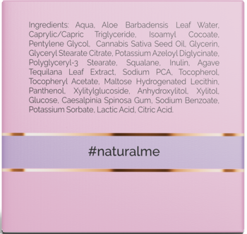 Różowy tył opakowania kremu do twarzy z azeloglicyną, widoczna lista składników i hashtag #naturalme.