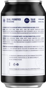 Tył czarnej puszki Prager's Kombucha z Yerba Mate, biała etykieta z tekstem: 33 MIL. PROBIOTICS.
