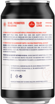 Tył czarnej puszki Tea by Lerds Original Kombucha, 330ml, z info o 33 mln probiotyków. Widoczne składniki.