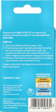 Niebieski tył opakowania magnetycznych rzęs RIVAL me, z polskimi instrukcjami, danymi producenta i kodem kreskowym.