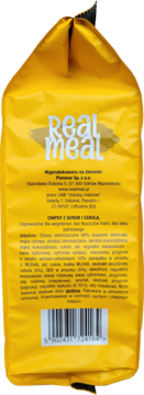 Żółte opakowanie chipsów Real Meal, widok z tyłu, z tekstem "Chipsy z serem i cebulą" i informacją "dla wegetarian".