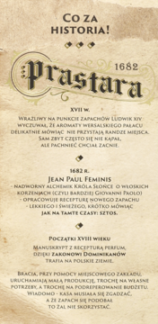 Antyczna etykieta perfum Prastara 1682 z historycznym opisem i logo, na teksturowanym tle.