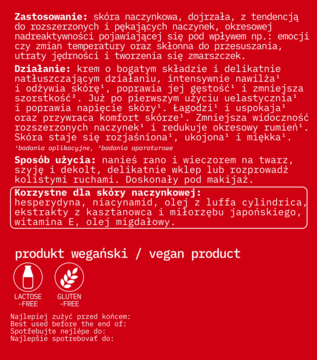 Opis produktu kremu do cery naczynkowej. Biały tekst na czerwonym tle, wyróżniono składniki aktywne, produkt wegański.