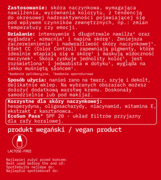 Czerwona etykieta kremu na naczynka z białym tekstem: zastosowanie, skład (SPF 20), wegański, bez laktozy.