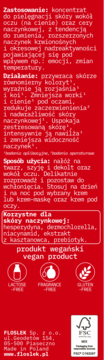 Tył czerwonego opakowania Koncentratu Floslek do cery naczynkowej, z opisem i ikonami 'vegan product'.