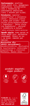 Tył czerwonego opakowania Floslek wegańskiego kremu pod oczy. Widoczne szczegółowe informacje o działaniu i składzie.