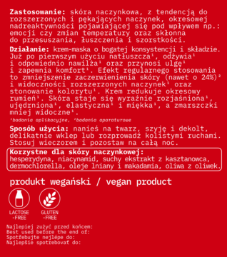 Tył czerwonego opakowania kremu-maski wegańskiej do cery naczynkowej, z białym tekstem i ikonami.
