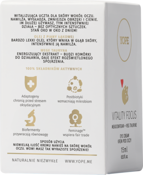 Tył opakowania Yope Vitality Focus krem pod oczy. Białe pudełko z tekstem o oleju z piany łąkowej i taurynie.