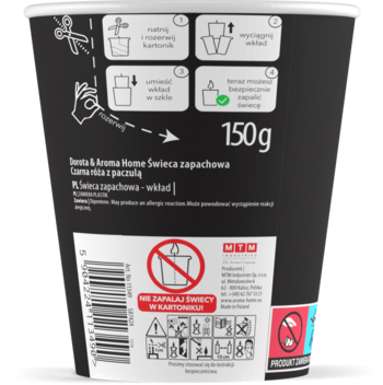 Tył czarnego wkładu uzupełniającego do świec Aroma Home 150g, z polskimi instrukcjami użycia i kodem EAN.