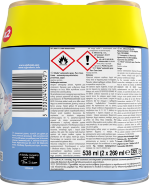 Tylna strona niebiesko-żółtej puszki Glade Pure Clean Linen wkładu odświeżacza, z etykietami ostrzegawczymi, w zestawie 2 szt.