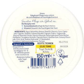 Tył okrągłego opakowania Babydream sensitiv krem, 150ml, z nadrukiem instrukcji recyklingu i składników.