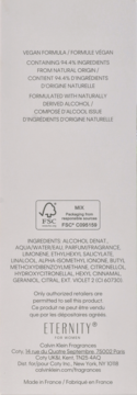 Tył opakowania Calvin Klein Eternity For Women z informacjami o wegańskiej formule, składzie i certyfikatach FSC.