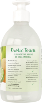 Kremowe mydło Exotic Touch w butelce z pompką, widok z przodu, zielona etykieta z owocami.