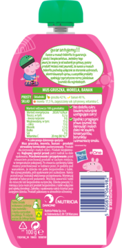 Tył różowego musu BoboVita z Peppą Pig, gruszka, morela, banan, z etykietą składników i kodem kreskowym.