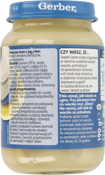 Tylna etykieta słoiczka Gerber Owocowy krem z jogurtem 190g dla niemowląt, z instrukcjami w języku polskim.