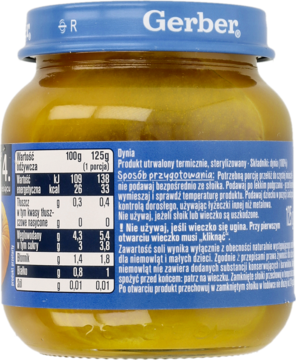 Tył słoiczka Gerber z puree warzywnym, widoczne niebieskie wieczko i biała etykieta z danymi odżywczymi.