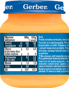 Tył słoiczka Gerber z jednoskładnikowym przecierem warzywnym, widoczna tabela wartości odżywczych.