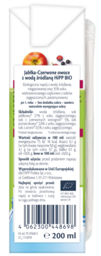 Tył opakowania soku HiPP BIO Jabłka-Czerwone owoce 200 ml. Widoczne składniki, kod kreskowy i certyfikat bio.