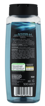 Tył niebieskiego żelu pod prysznic Isana Men Active Sport 3w1, etykieta z opisem 'rozbudza i pielęgnuje'.