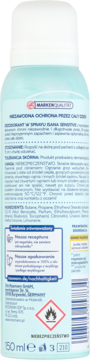 Tył błękitnego dezodorantu ISANA Sensitive w sprayu, 150 ml, z białymi napisami, instrukcjami i piktogramami.