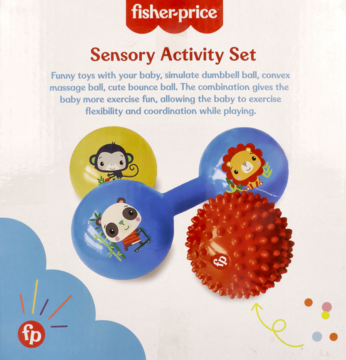 Fisher-Price Sensory Activity Set: niebieska zabawka-hantel z głowami zwierząt i czerwona kolczasta piłka.