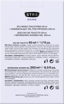 Tył opakowania zestawu STR8 GAME: woda toaletowa 50ml i żel pod prysznic 250ml z listą składników.