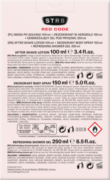 Tył opakowania zestawu kosmetyków STR8 Red Code: woda po goleniu, dezodorant, żel pod prysznic. Widoczne szczegóły i skład.